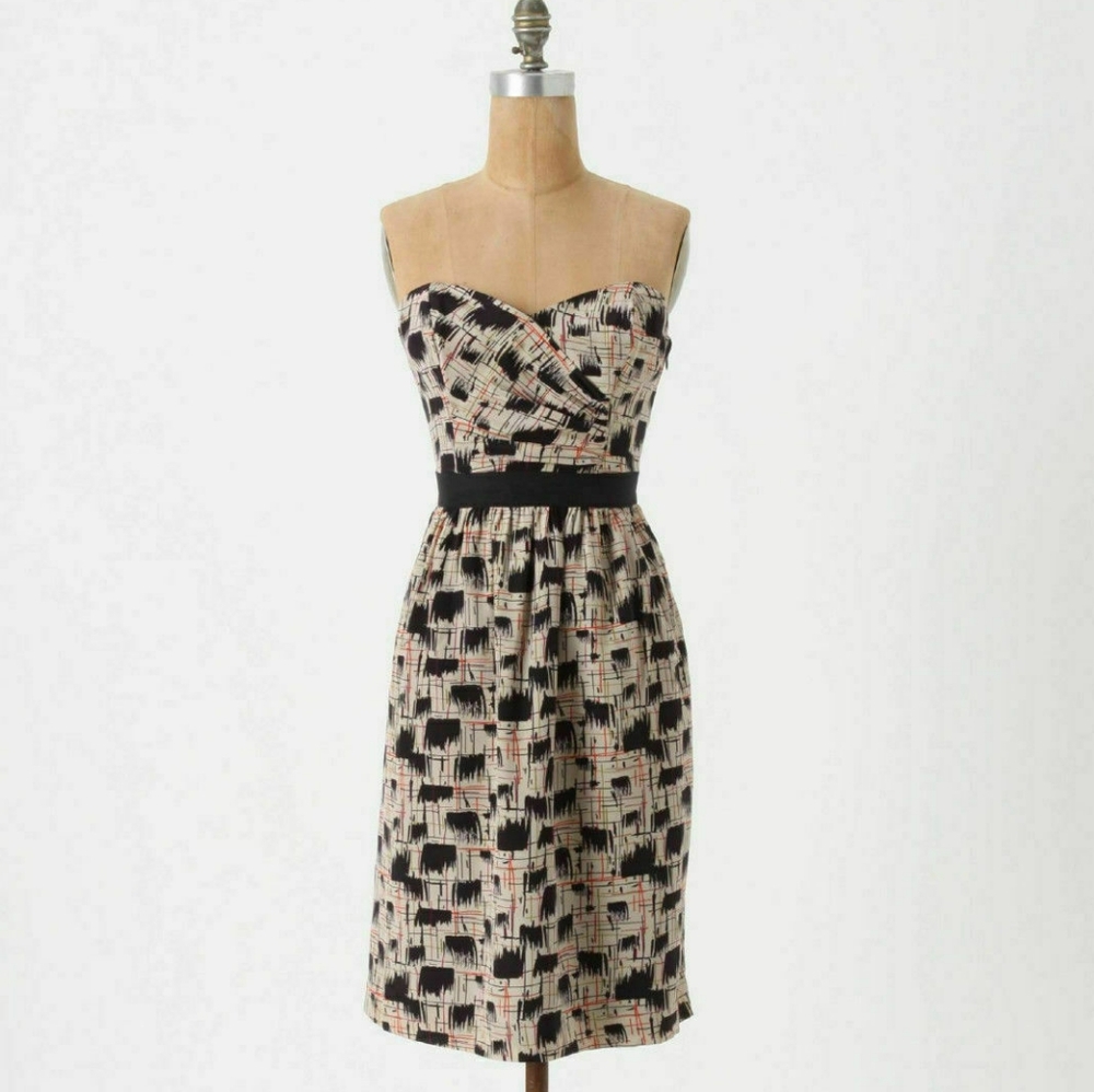 New! Anthropologie Strapless "Blurred Shapes" Silk Dress by Burlapp, Sz 8.